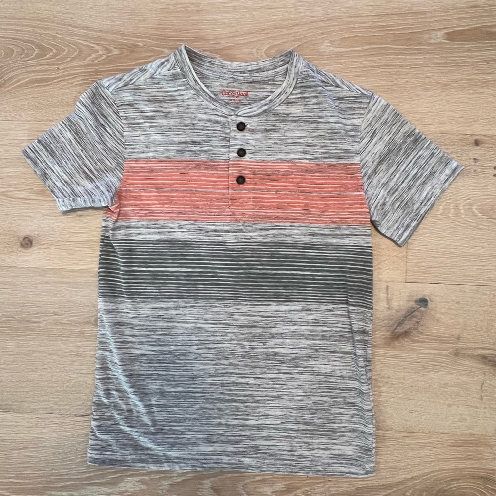 Boys Cat and Jack tshirt, heather grey with orange stripe, size 8/10
